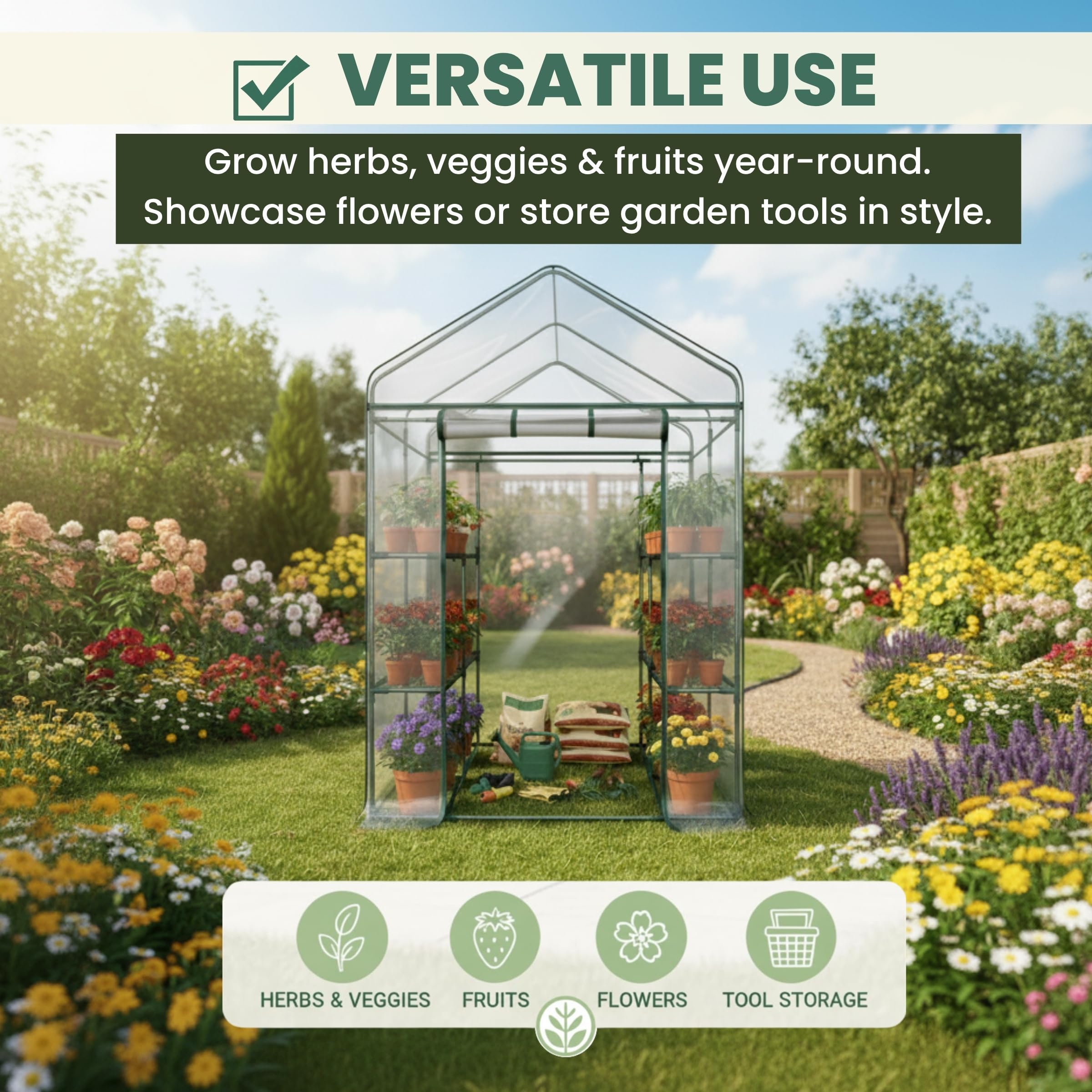 Pure Garden Greenhouse includes stakes and guy lines for stability.