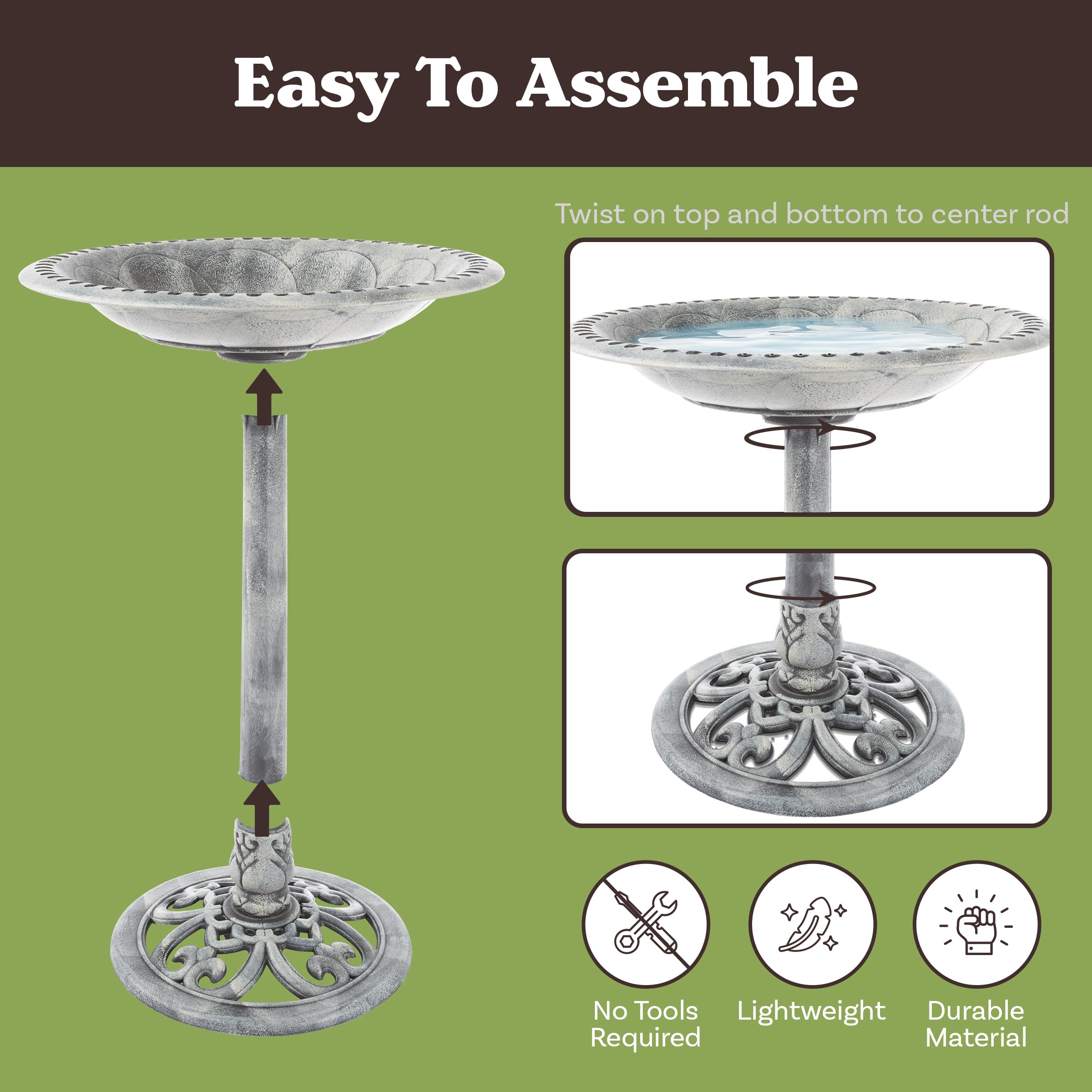 Pure Garden ground stakes lock the bird bath securely, preventing tipping.