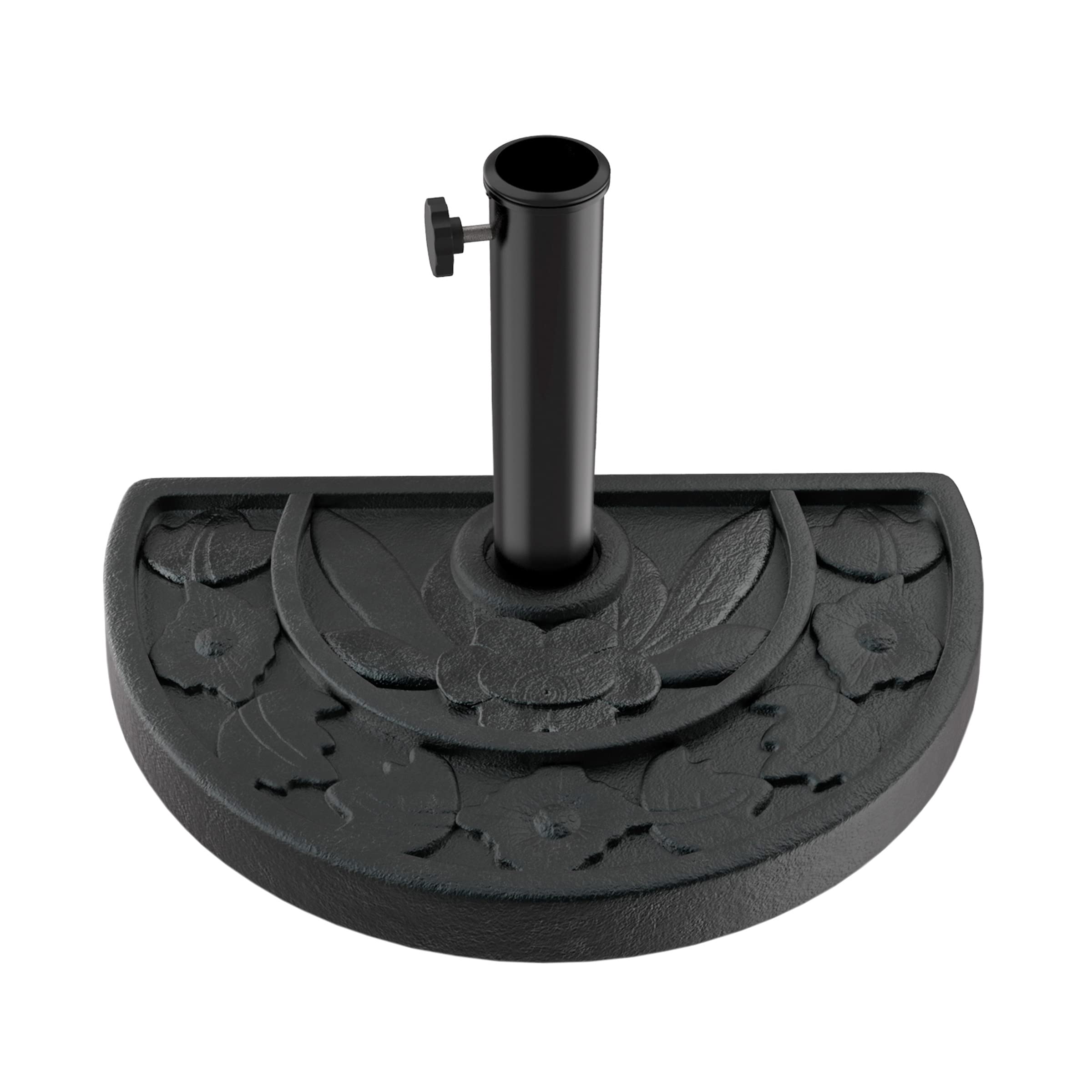 Pure Garden half-round umbrella base with 20lb weight stabilizes a wall-adjacent setup.