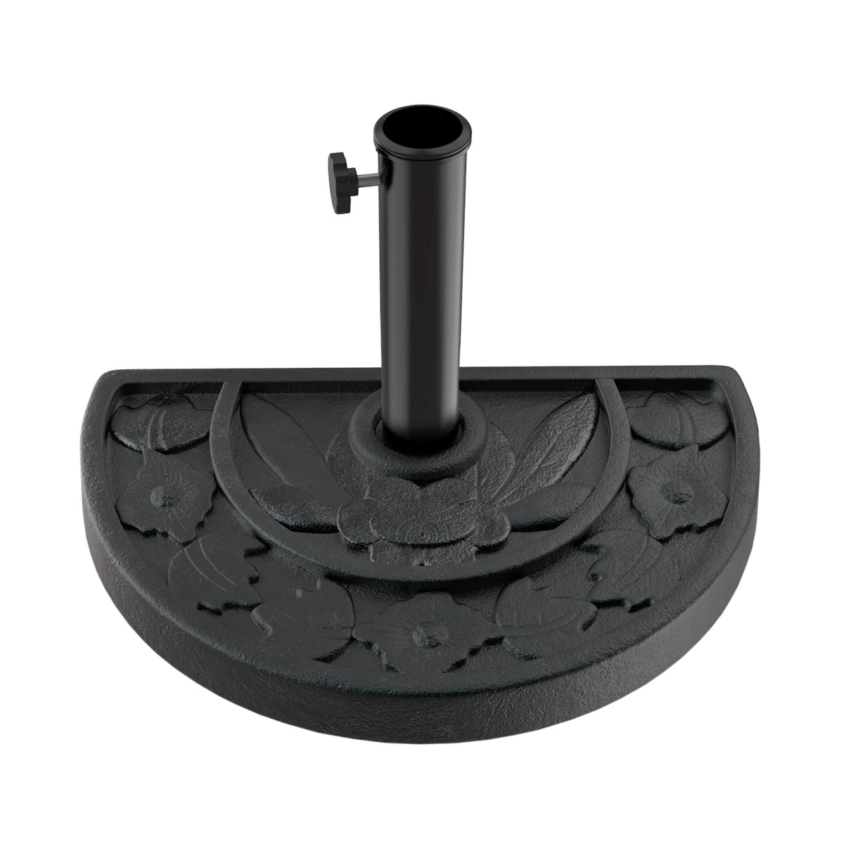 Pure Garden half-round umbrella base with 20lb weight stabilizes a wall-adjacent setup.