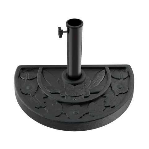 Pure Garden half-round umbrella base with 20lb weight stabilizes a wall-adjacent setup.