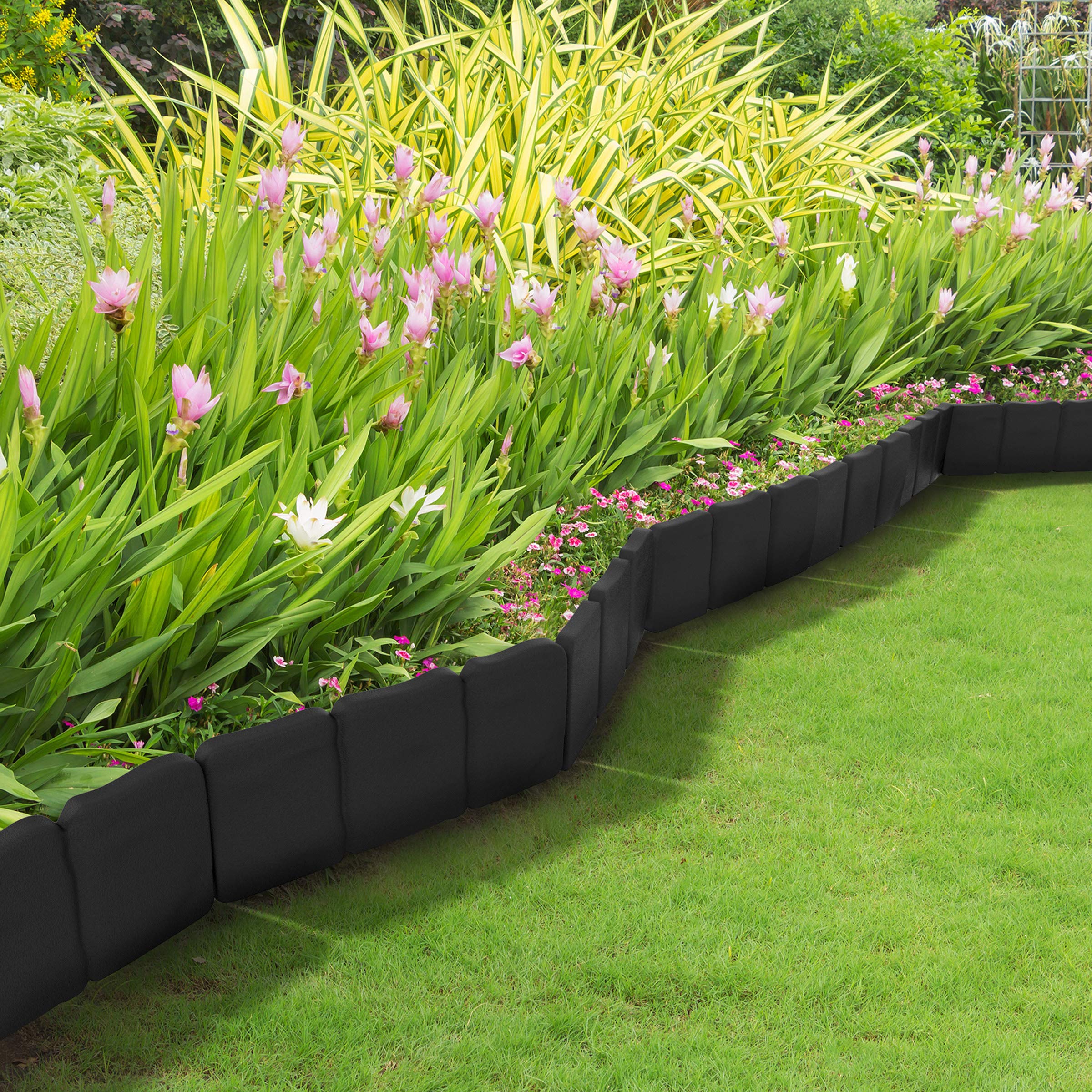 Pure Garden interlocking-edging-connection enables flexible border design.
