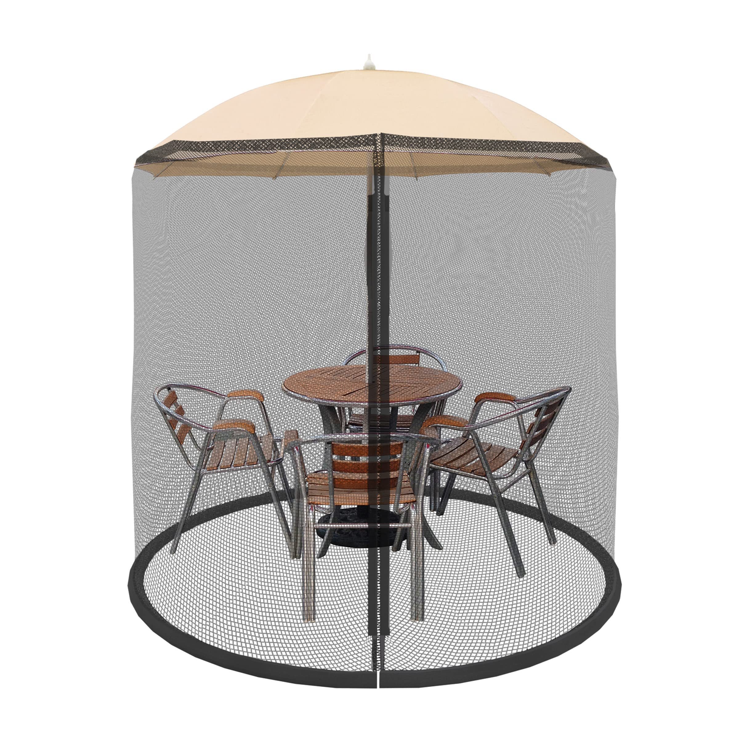 Pure Garden mosquito net draped over a 7.5 ft umbrella showing insect protection and airflow.