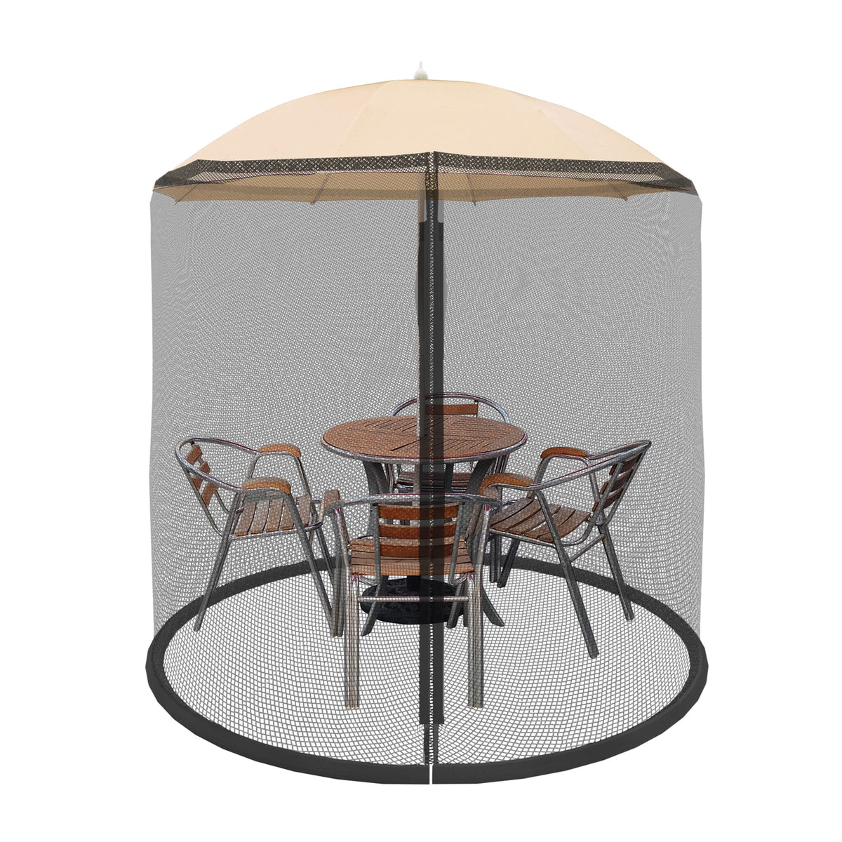 Pure Garden mosquito net draped over a 7.5 ft umbrella showing insect protection and airflow.