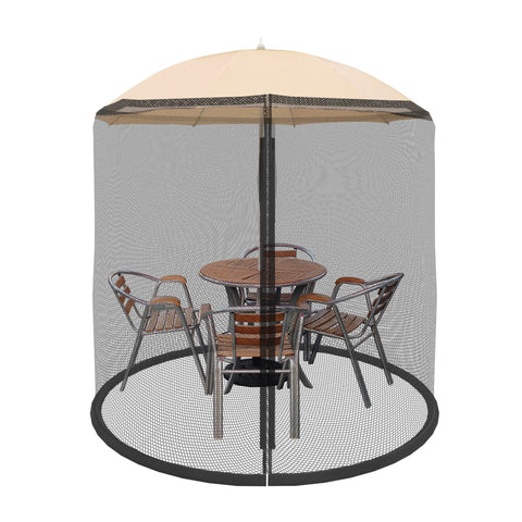Pure Garden mosquito net draped over a 7.5 ft umbrella showing insect protection and airflow.