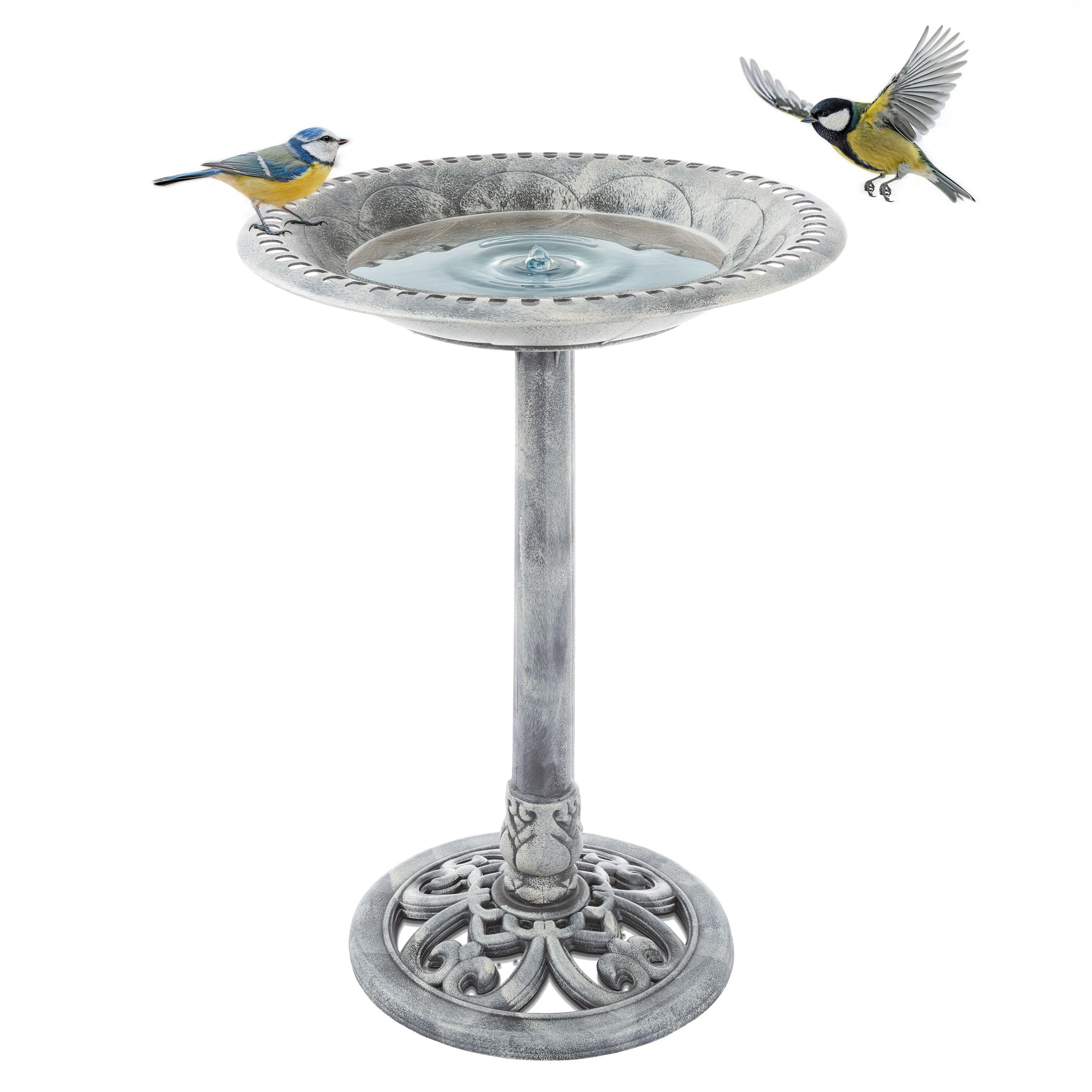 Pure Garden outdoor bird bath with antique gray pedestal enhances garden aesthetics while inviting local birds.
