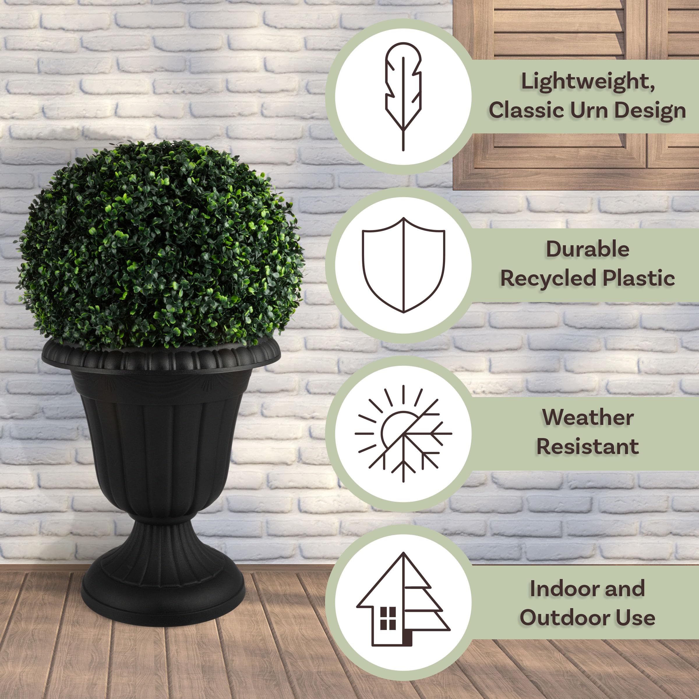 Pure Garden urn planter side view highlighting sleek black finish.