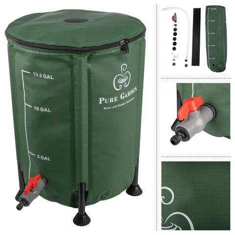 Pure Garden rain barrel features a durable PVC body and UV-resistant cover.