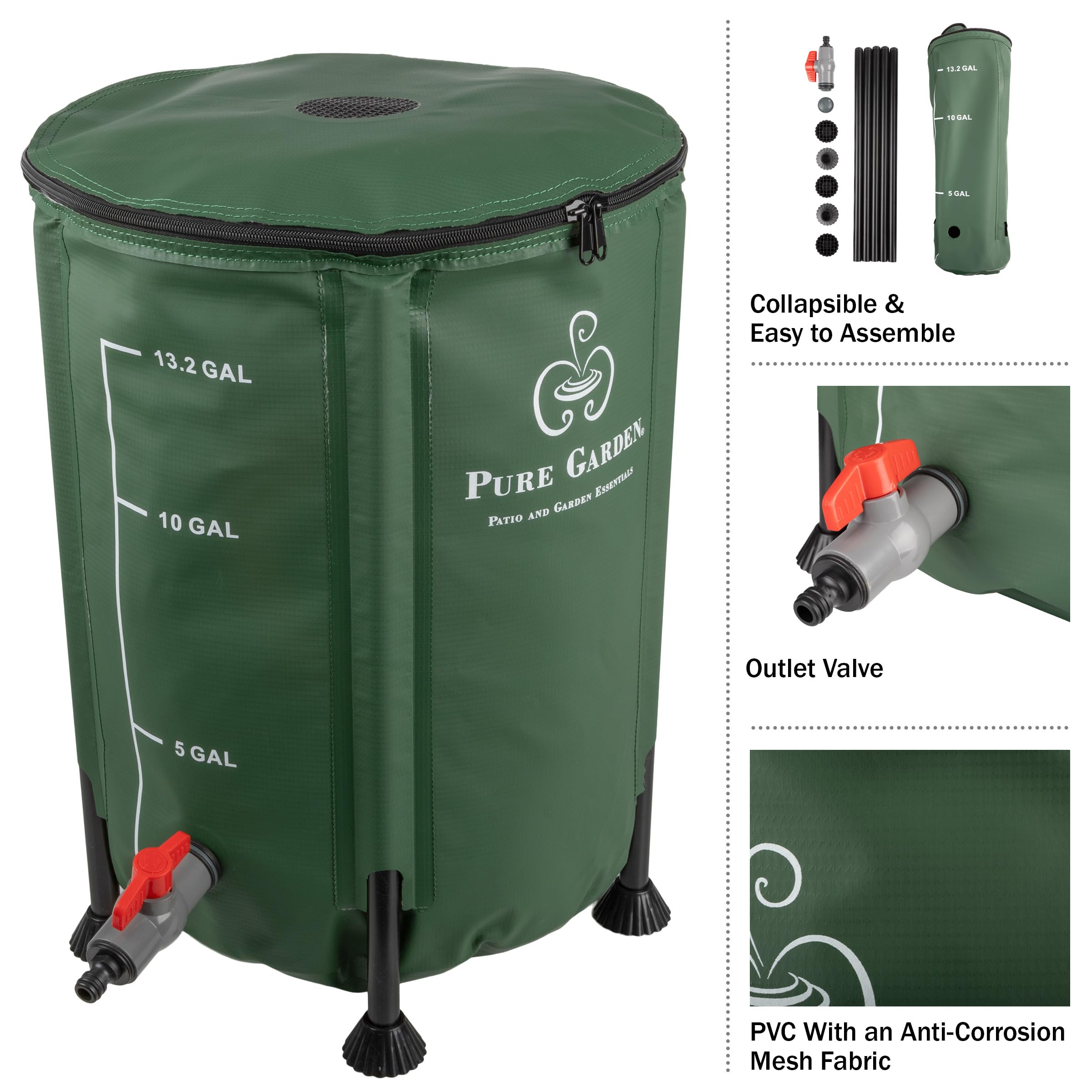 Pure Garden rain barrel mesh-top filter keeps debris out for clean water.