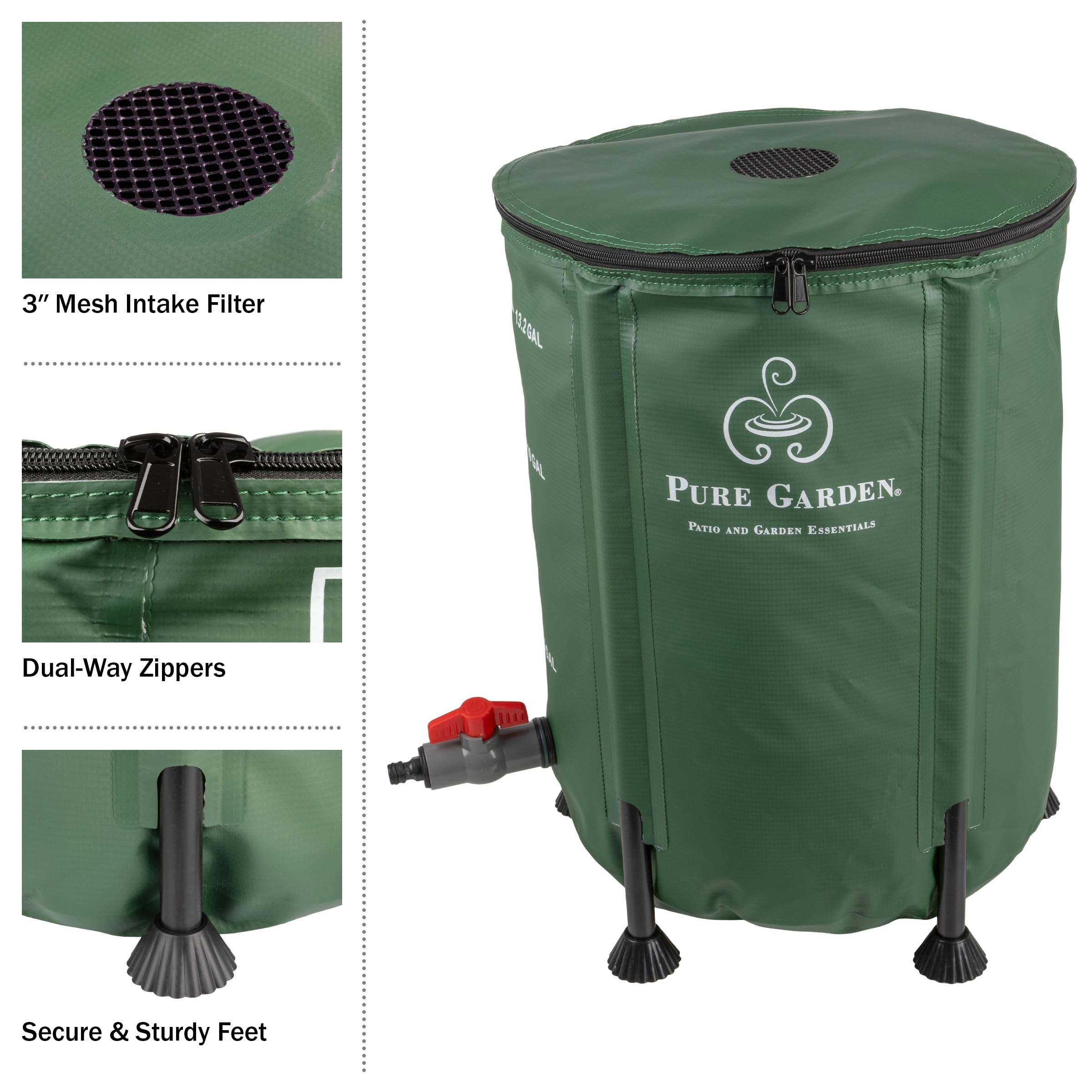 Pure Garden barrel placed under a downspout for efficient rain capture.