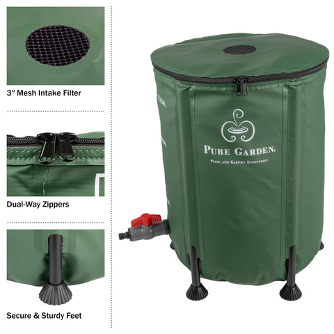 Pure Garden barrel placed under a downspout for efficient rain capture.