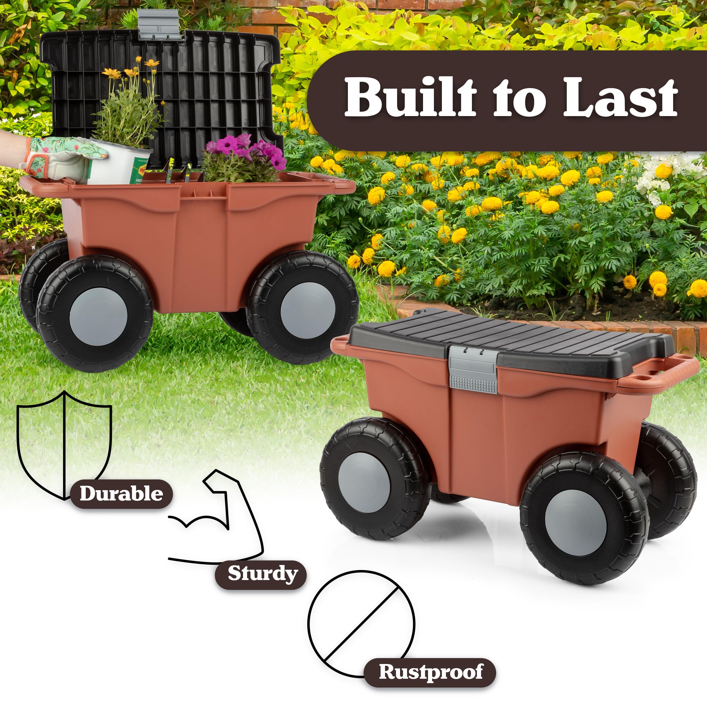 Pure Garden rolling cart with 6-inch wheels navigating grass and uneven ground.