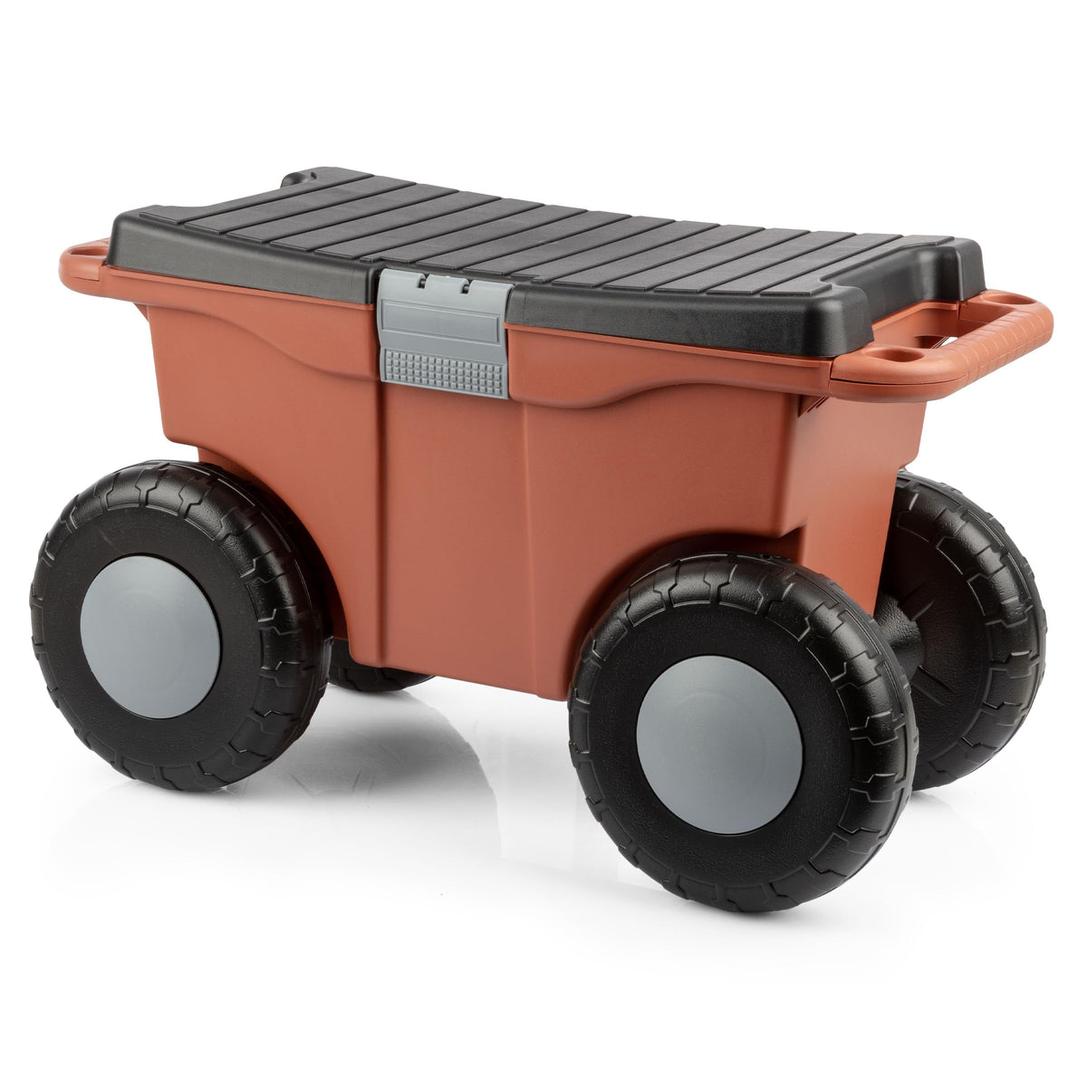 Pure Garden rolling cart seat in terracotta with bench for comfortable gardening.