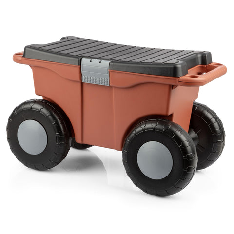 Pure Garden rolling cart seat in terracotta with bench for comfortable gardening.