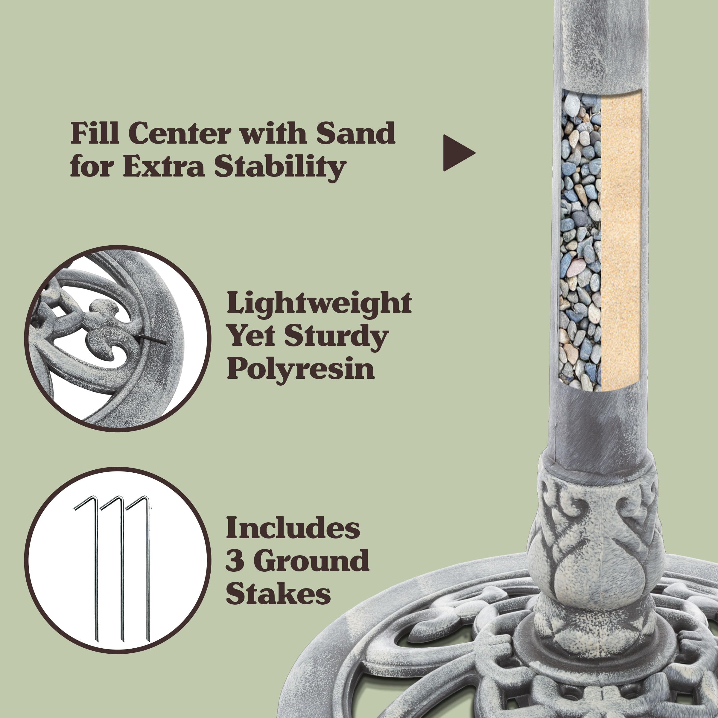 Pure Garden sand-filled center pole provides stability on windy days and soft ground.