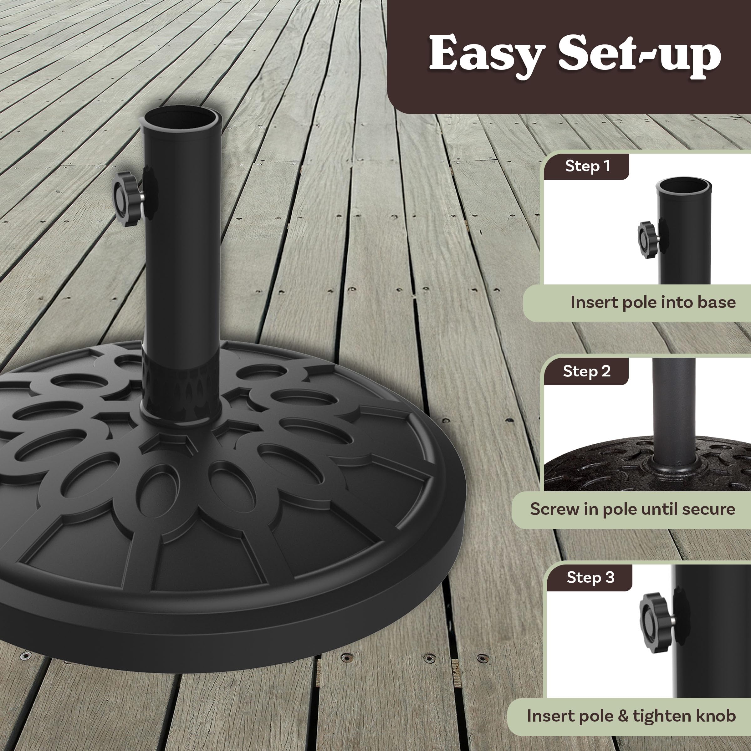 Pure Garden umbrella base with black finish blends with outdoor decor.