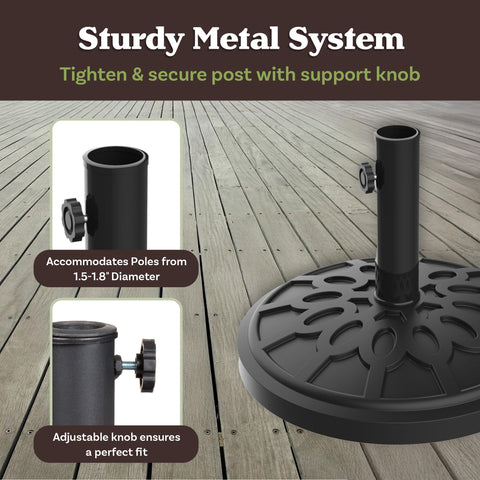 Pure Garden umbrella base close-up detailing 1.9-inch pole compatibility for many umbrellas.