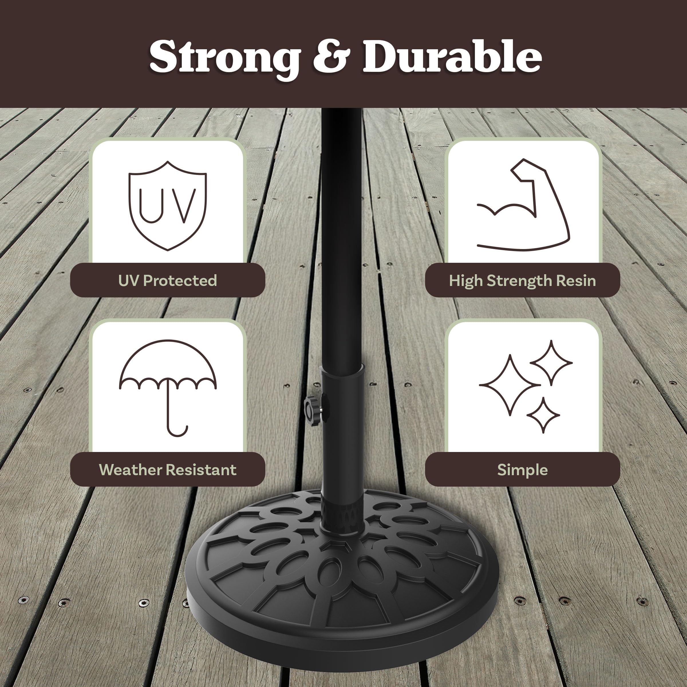 Pure Garden umbrella base weight and mounting bolts shown for quick setup.