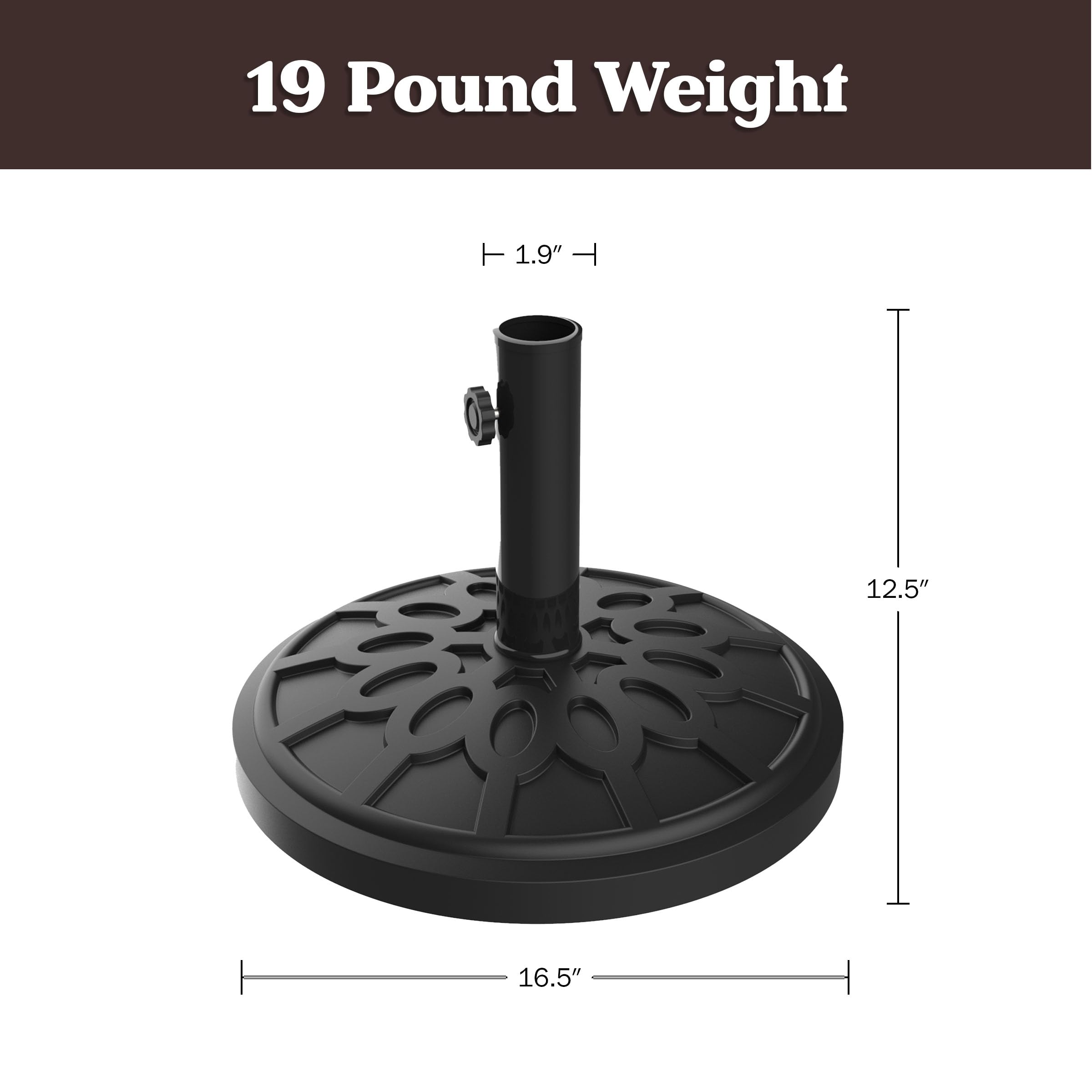 Pure Garden umbrella base dimensions 16.5 by 16.5 by 12.5 inches.