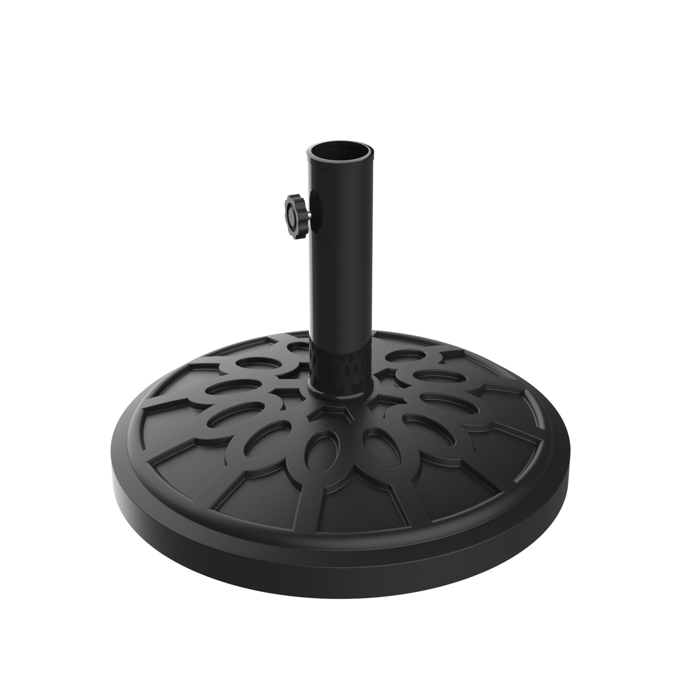 Pure Garden umbrella base side view showing sturdy 19-pound weight for patio stability.