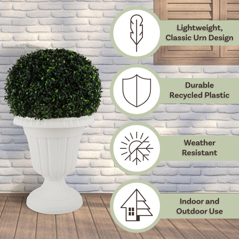 Pure Garden urn planter 16x18 white, side view, durable plastic for year-round outdoor use.