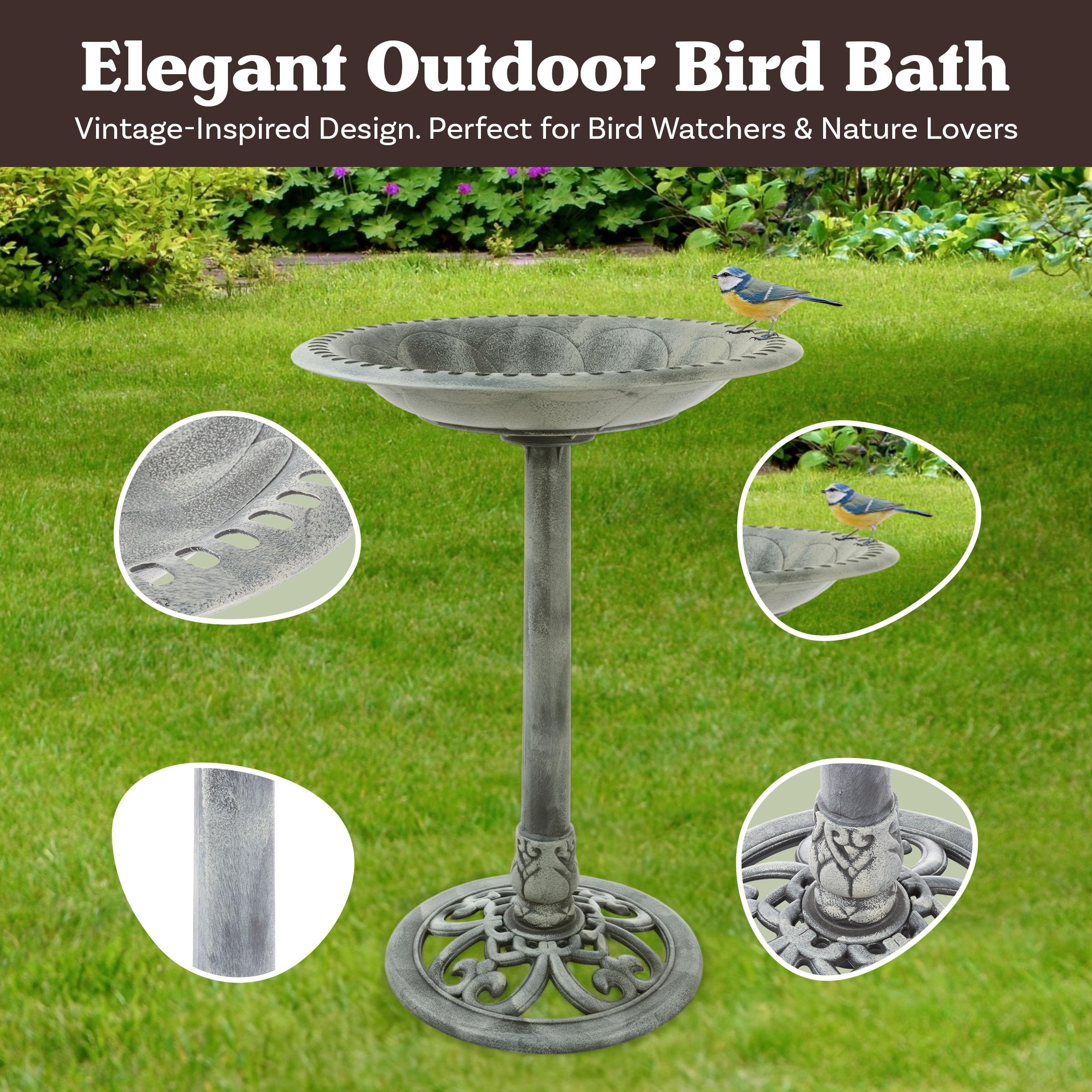 Pure Garden weather-resistant polyresin bowl withstands rain for lasting backyard wildlife enjoyment.