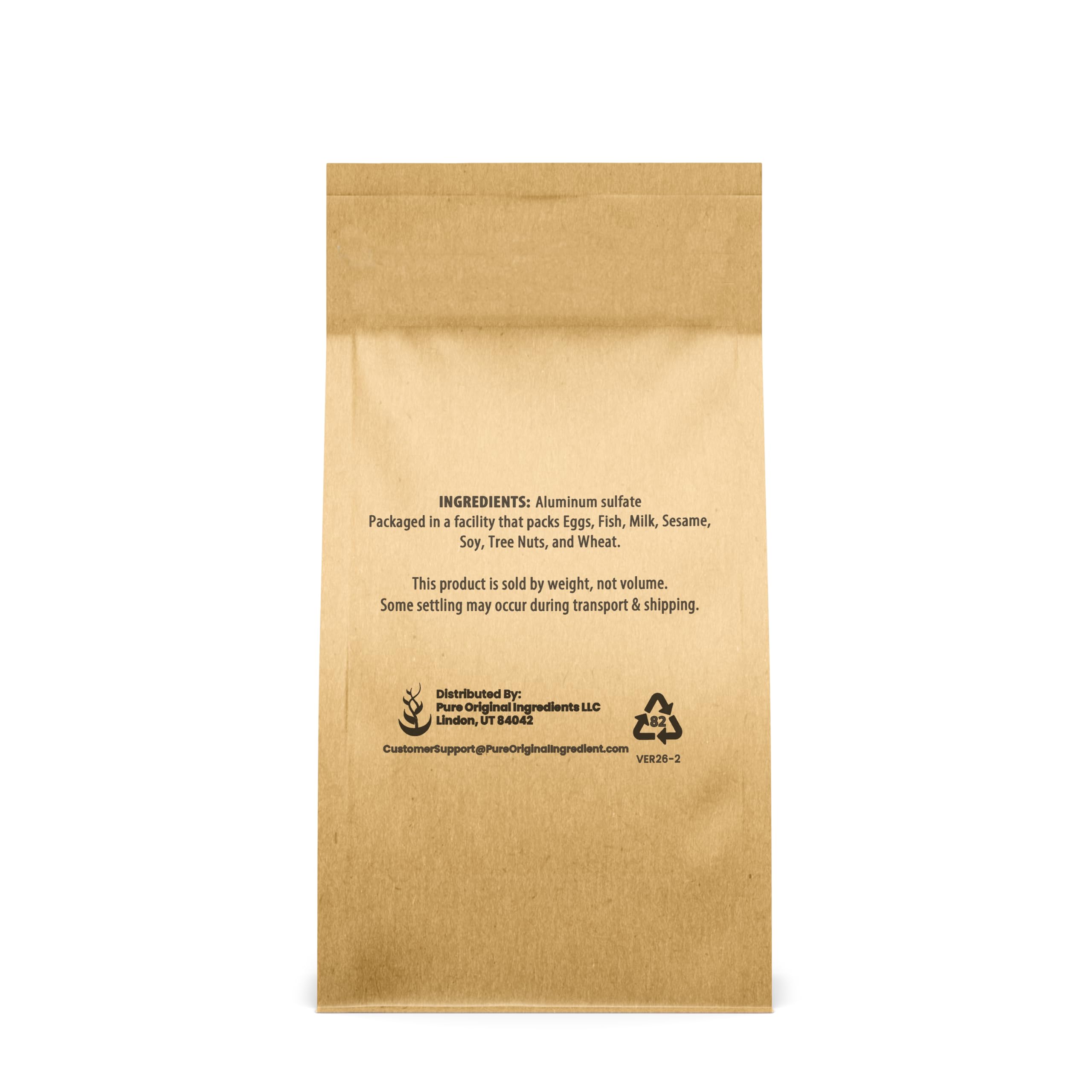 Pure Original Ingredients aluminum sulfate 2 lb container showing iron-free label and usage in gardening.