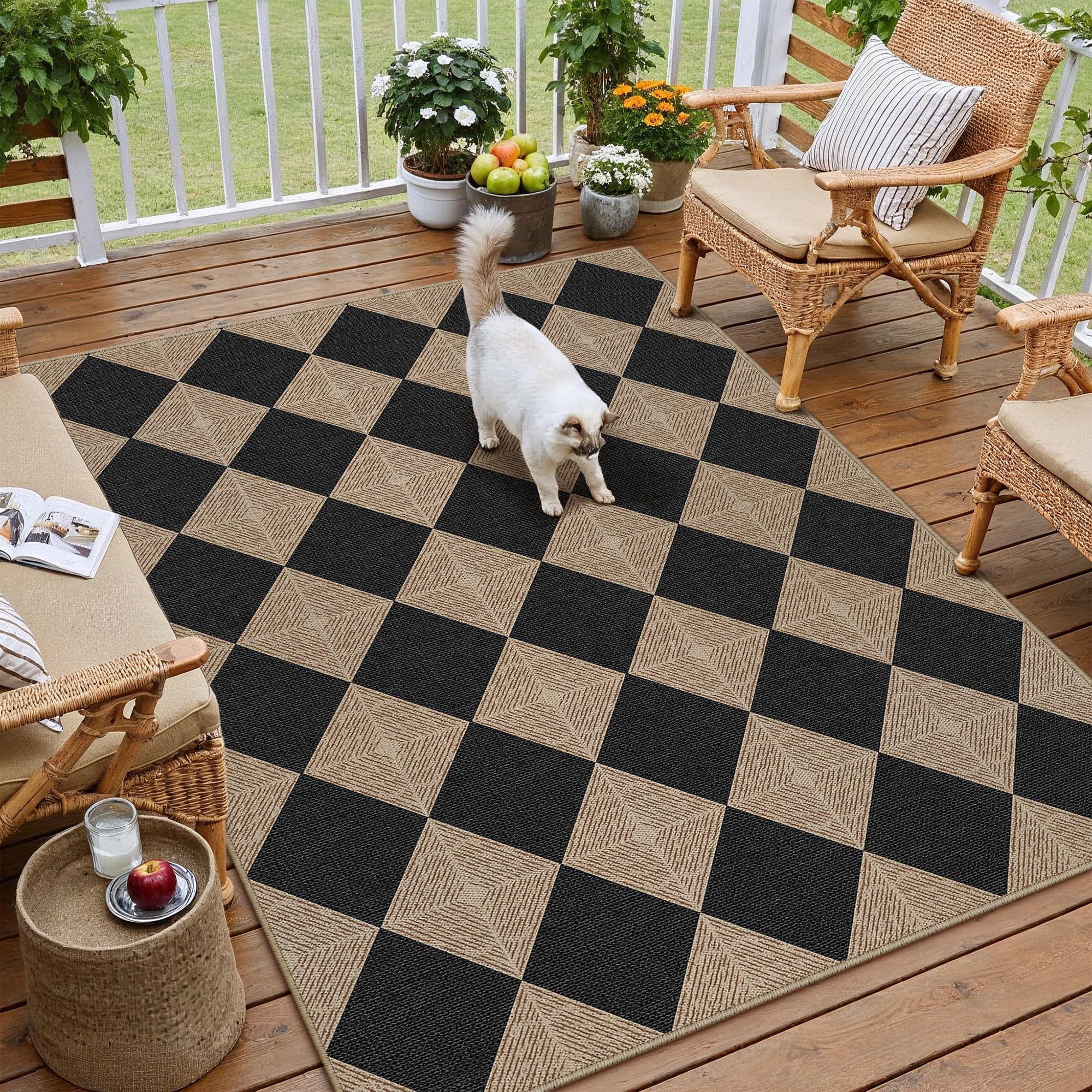 PureCozy 4x6 checkered rug for living room with durable, easy-clean surface.