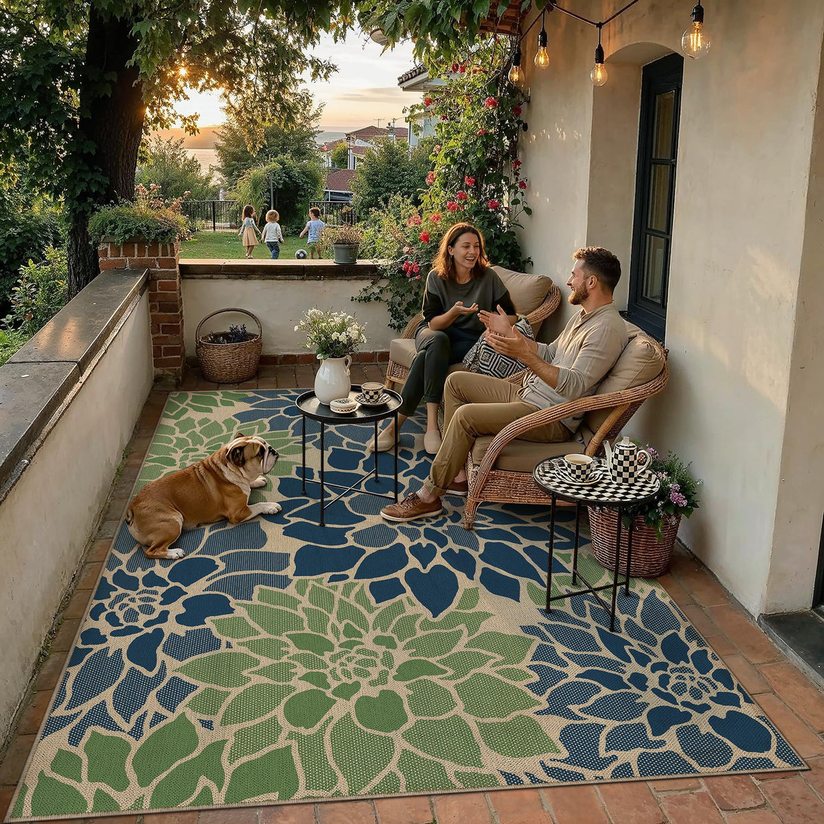 PureCozy 5x7 navy-green floral outdoor rug with textured surface for patio comfort