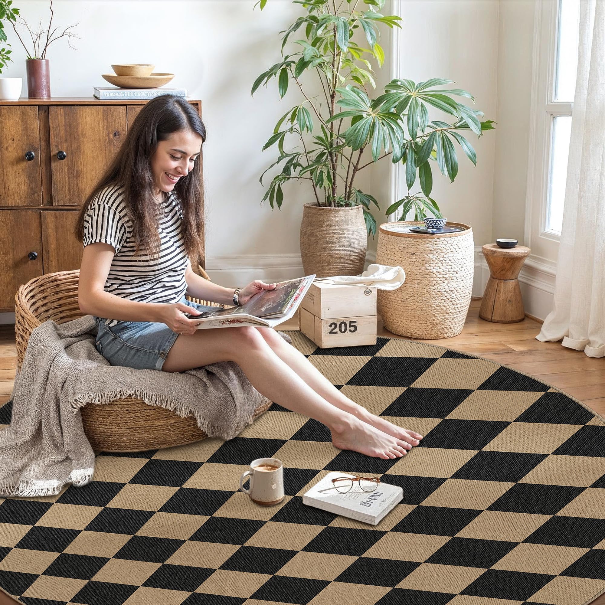 PureCozy round rug in living room enhances seating with bold pattern