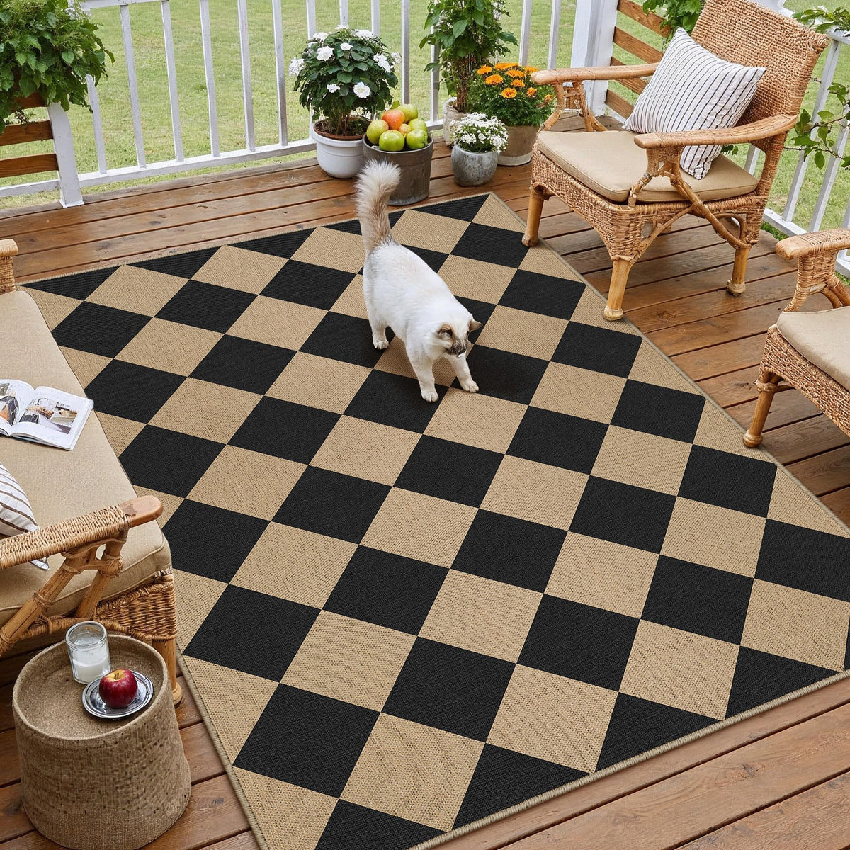 PureCozy checkered outdoor rug, 3x5, durable and soft underfoot.