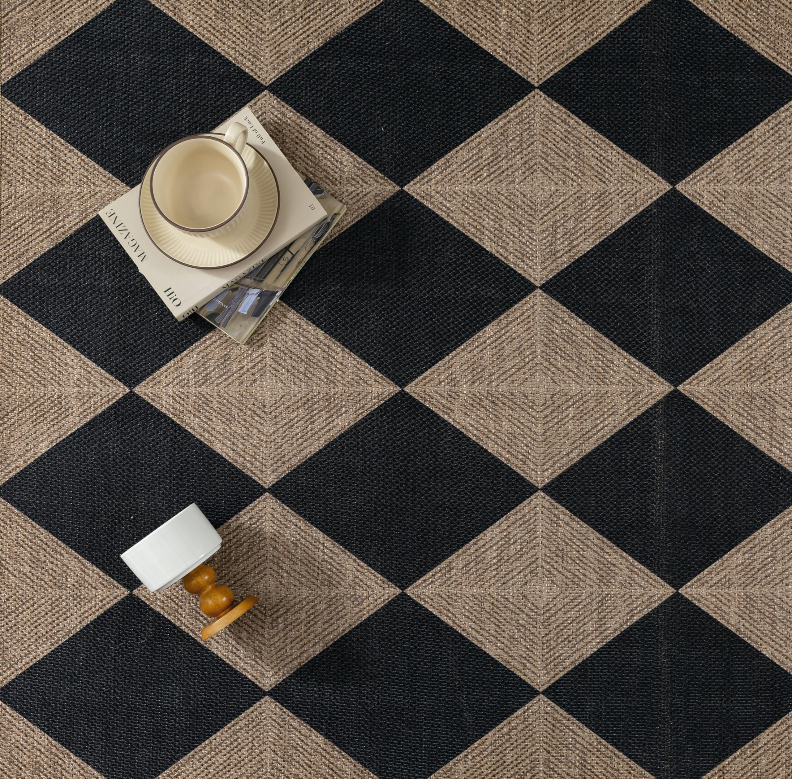 PureCozy farmhouse style checkered rug anchors dining rooms and patios.