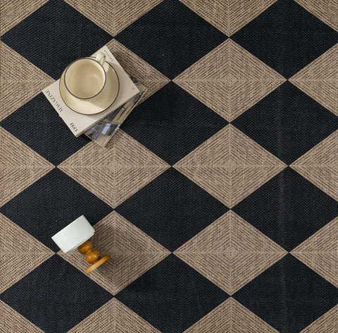 PureCozy farmhouse style checkered rug anchors dining rooms and patios.