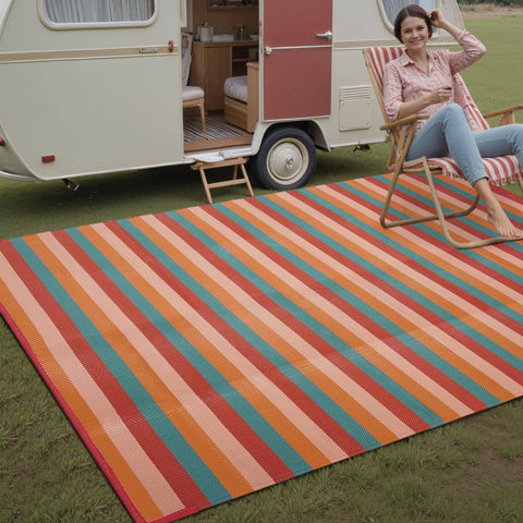 Durable waterproof patio mat with UV coating and colorfast stripes