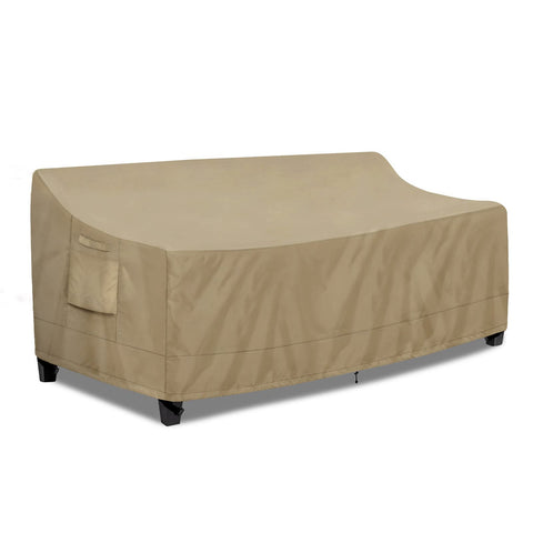 PureFit 3-seater outdoor couch cover in camel, snug front fit for weather protection.
