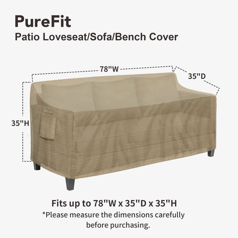 PureFit camel outdoor couch cover side view showing full-coverage protection from sun and rain.