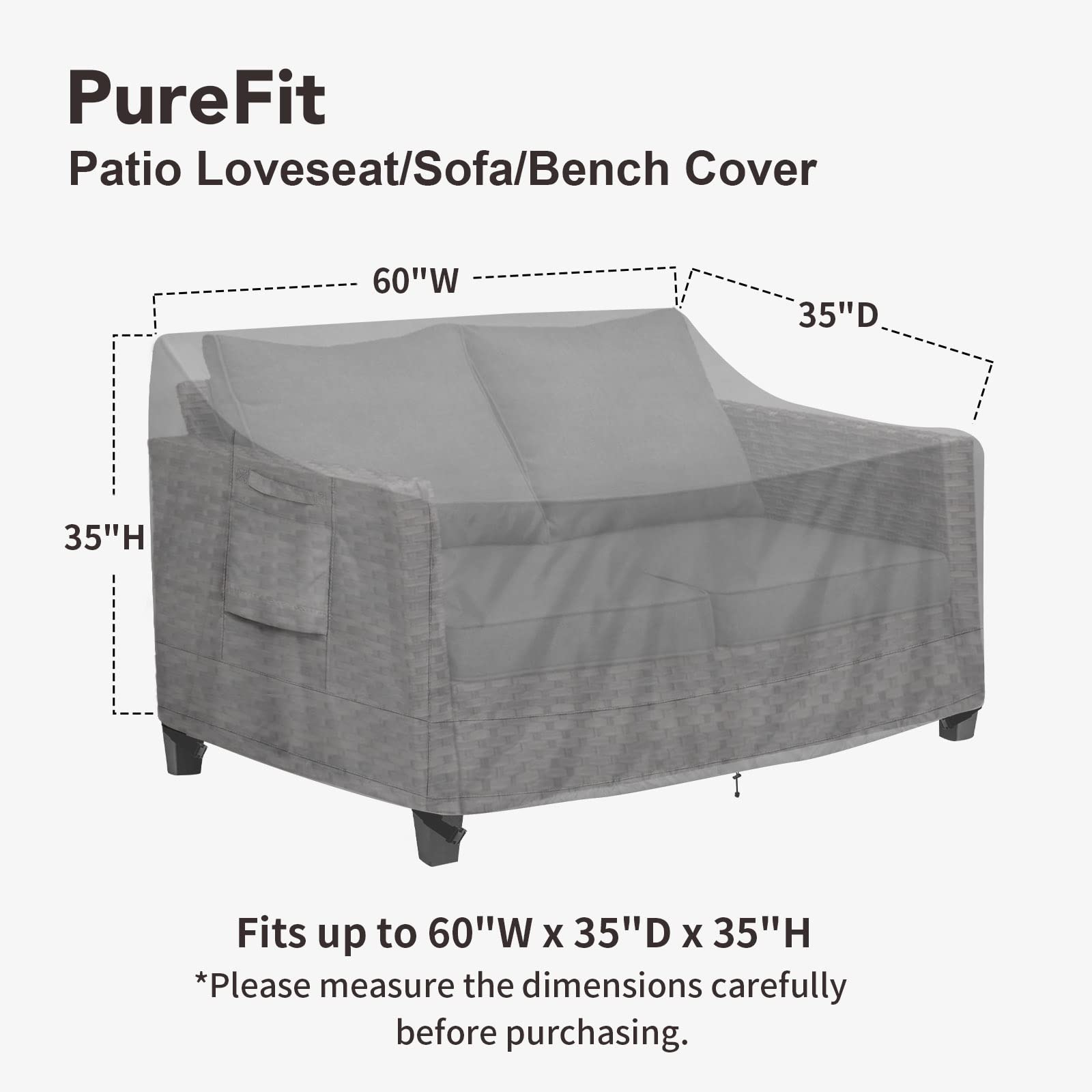 PureFit outdoor couch cover on sofa with wind straps to prevent movement