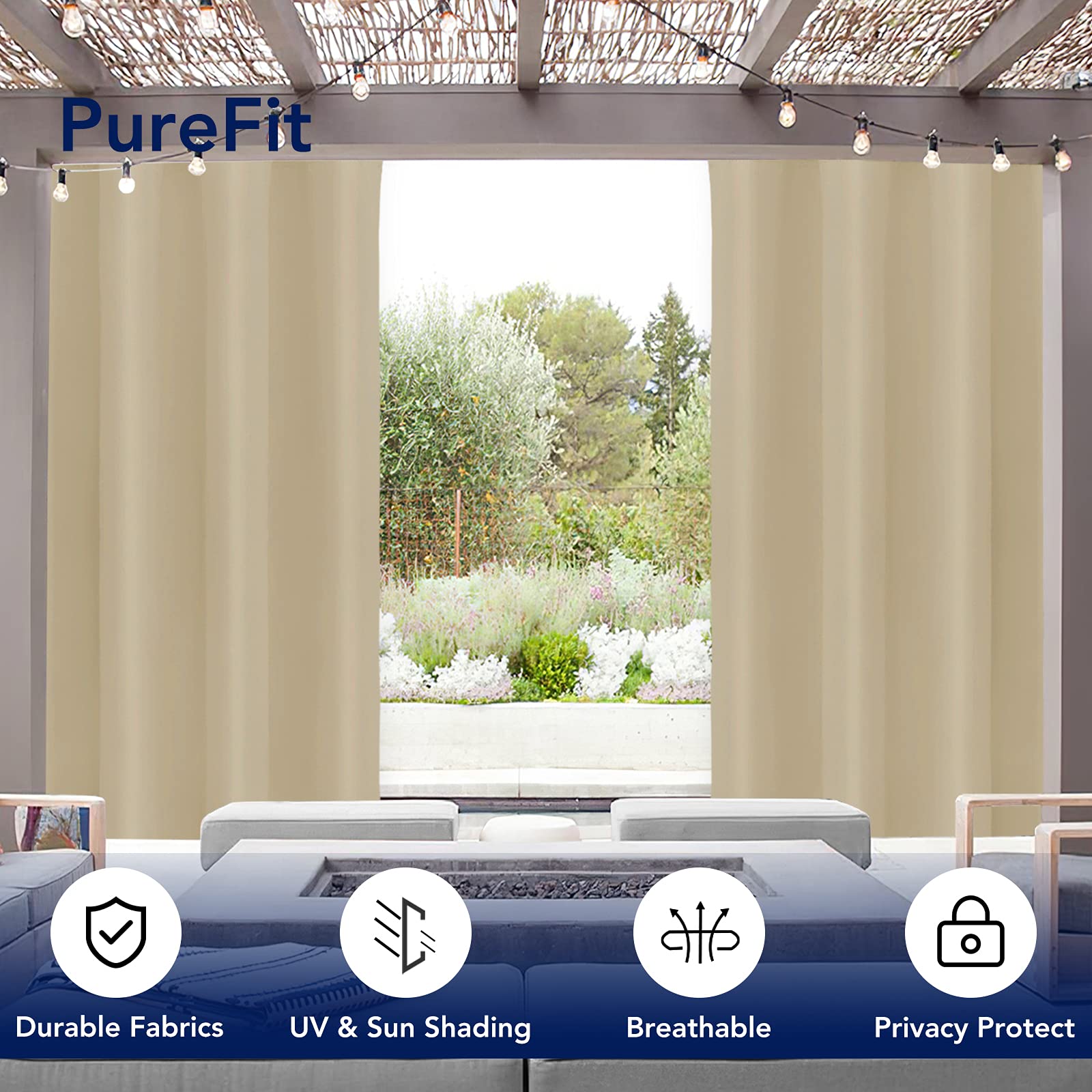 PureFit outdoor curtain demonstrates UV blocking and soft daylight control.