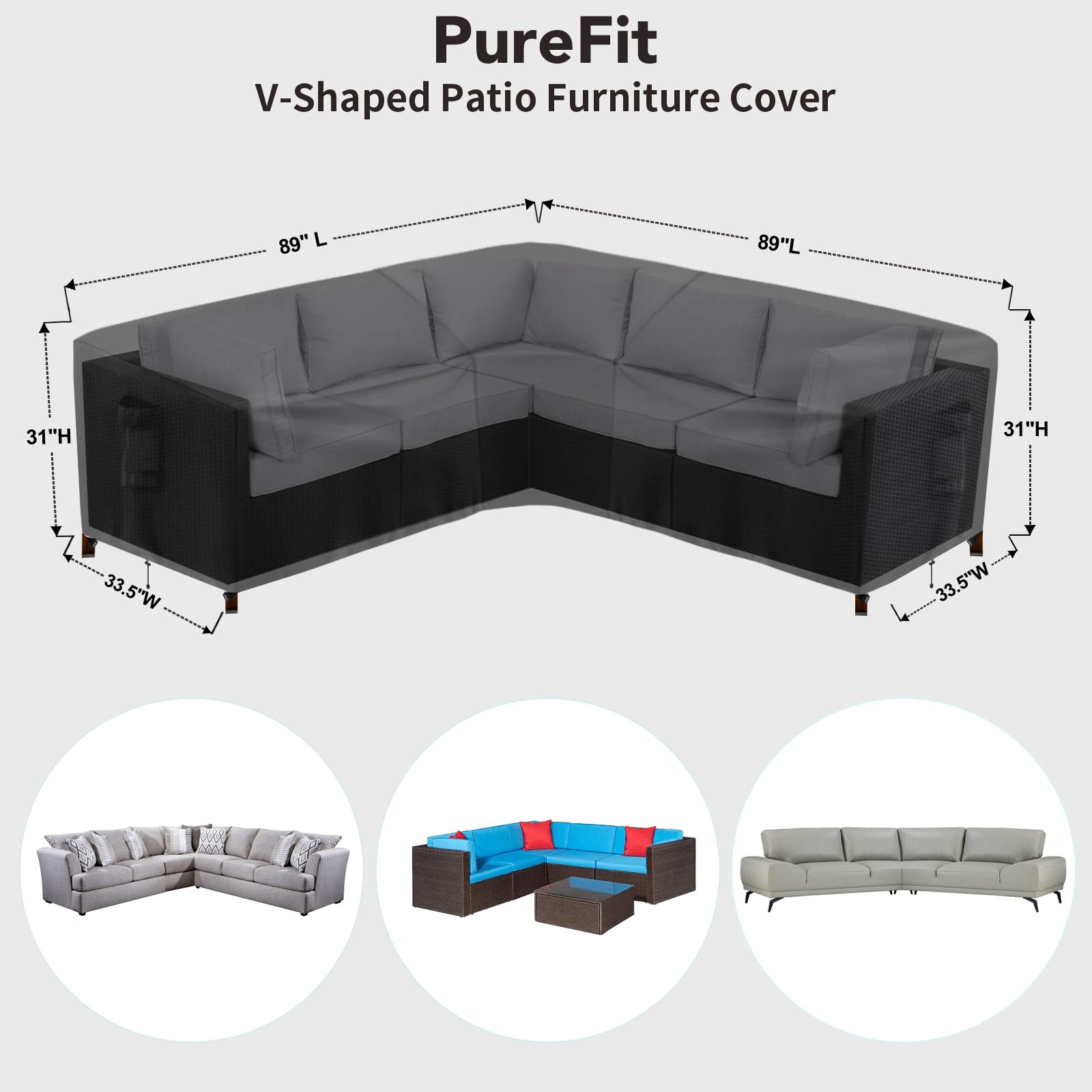 PureFit V-shaped sofa side-view demonstrates snug, wind-resistant fit.