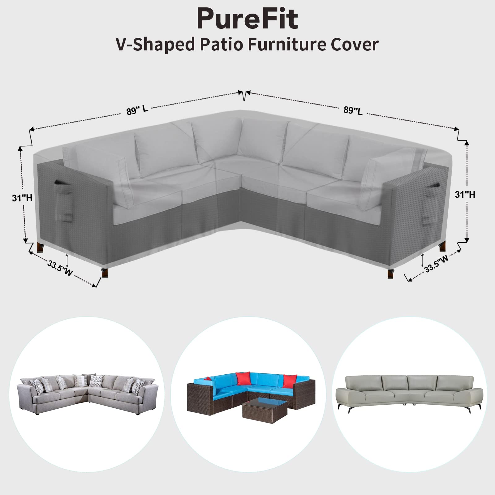 PureFit gray cover for V-shaped sofa from side view resists wind, keeps cushions dry.