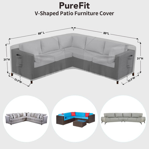 PureFit gray cover for V-shaped sofa from side view resists wind, keeps cushions dry.