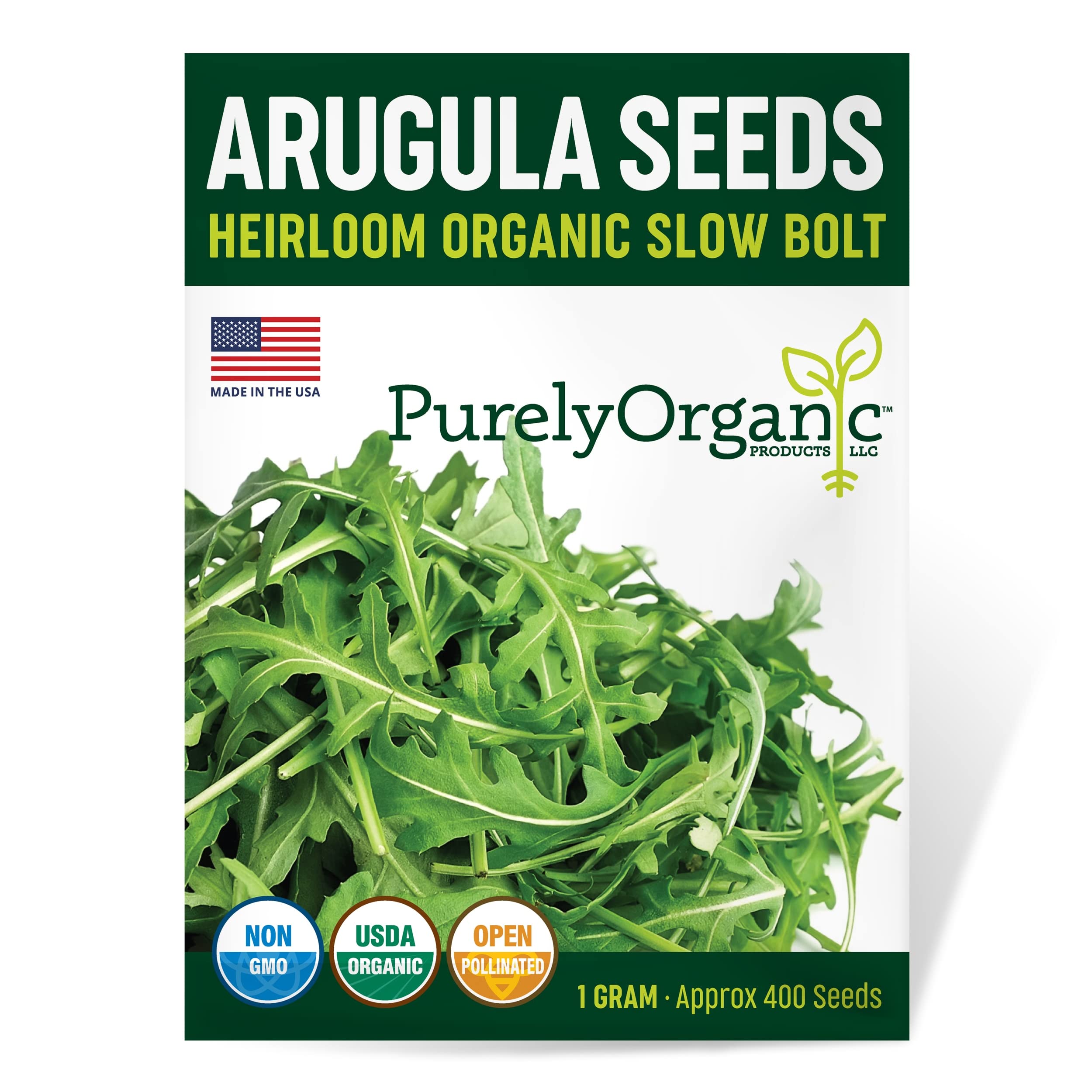 Purely Organic Arugula Seeds Slow Bolt pack in premium packaging for home gardens.