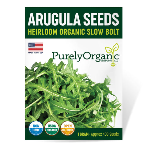 Purely Organic Arugula Seeds Slow Bolt pack in premium packaging for home gardens.