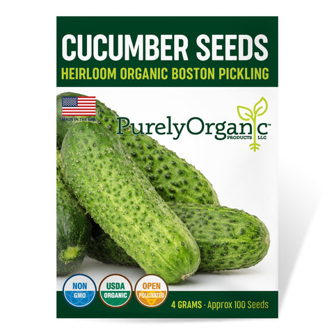 Purely Organic Boston Pickling Cucumber seeds packet front, ideal for home gardeners planning pickles.