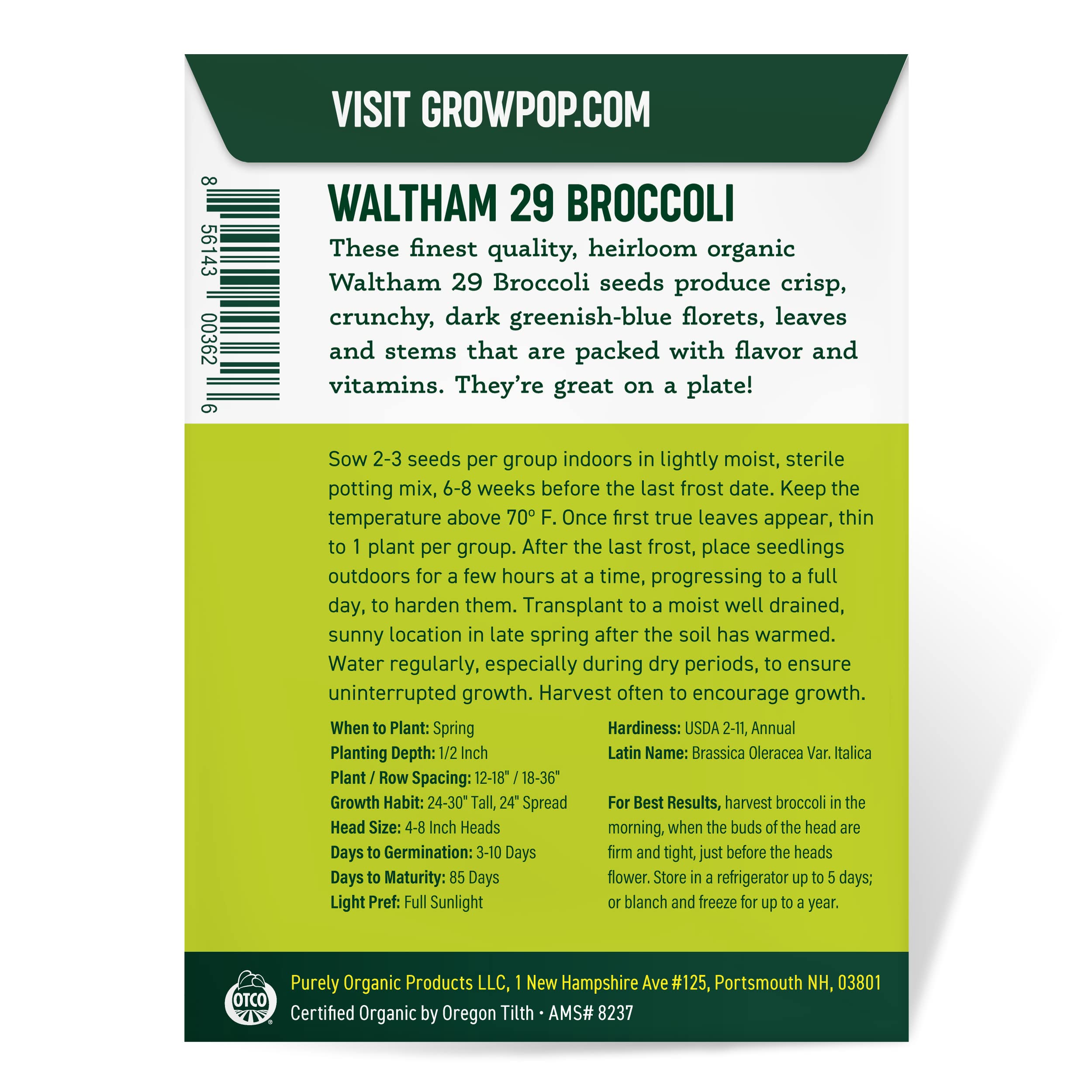 Purely Organic broccoli seeds Waltham 29 back label provides planting tips for beginners
