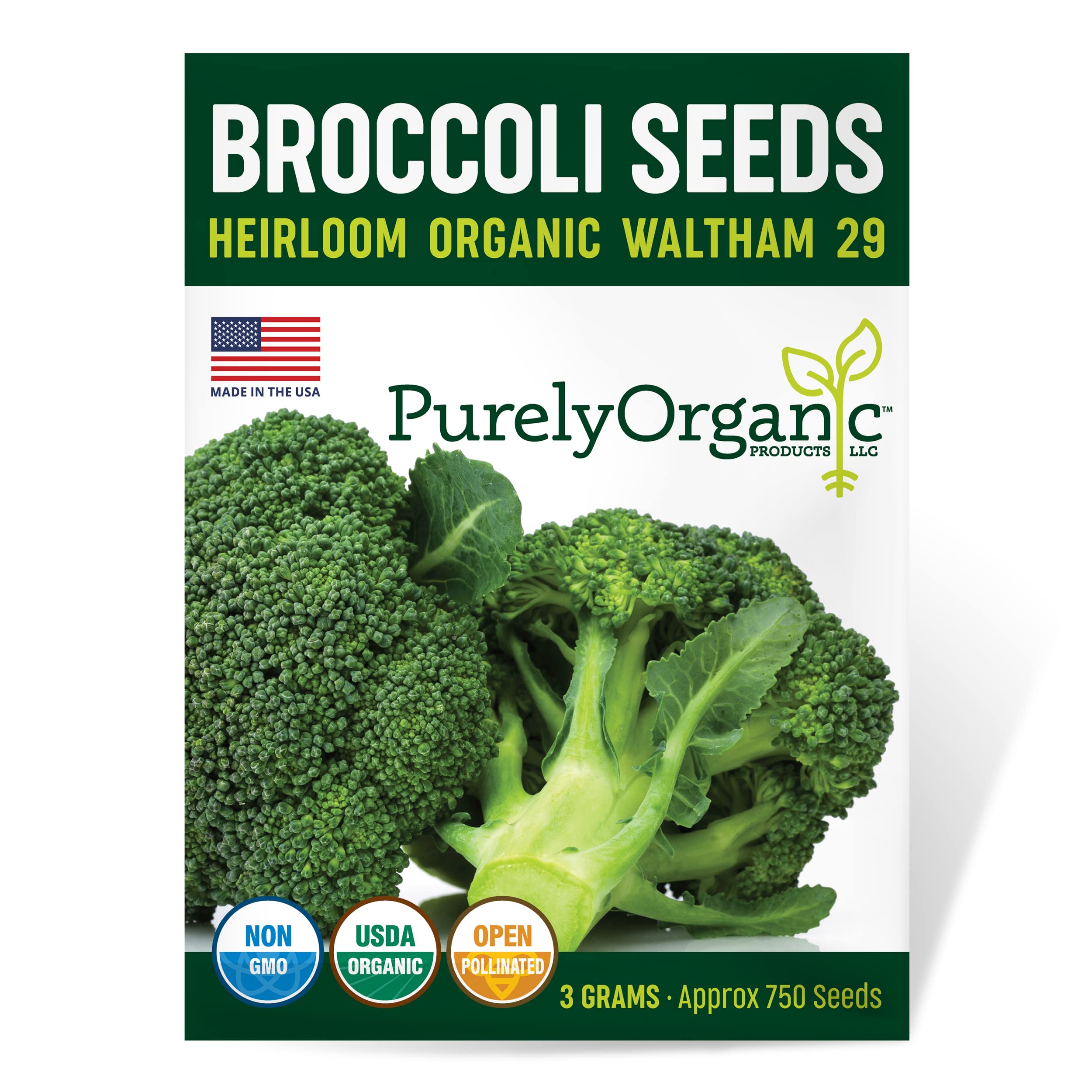 Purely Organic broccoli seeds Waltham 29 front pack shows premium heirloom variety for home gardens