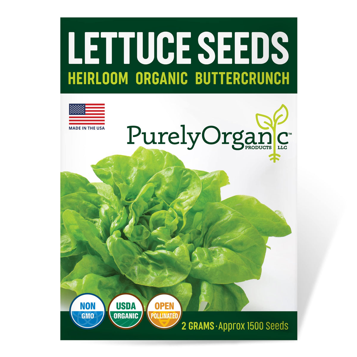 Purely Organic Buttercrunch seeds pack front for easy spring sowing and fresh lettuce.