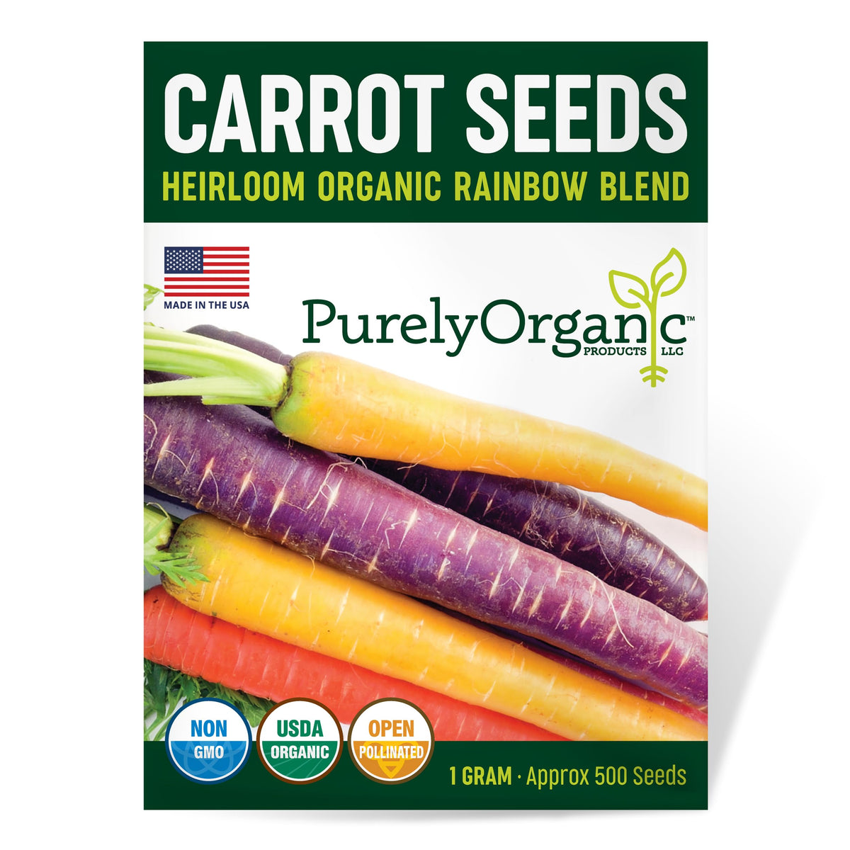 Purely Organic Rainbow Carrot Seeds packet front for vibrant, colorful harvest.