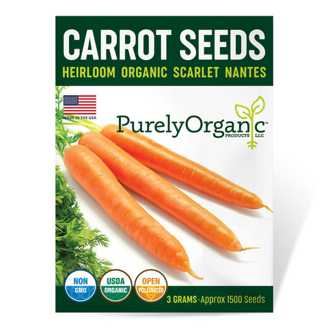 Purely Organic Scarlet Nantes packaging promotes trusted organic seed quality for home gardens.