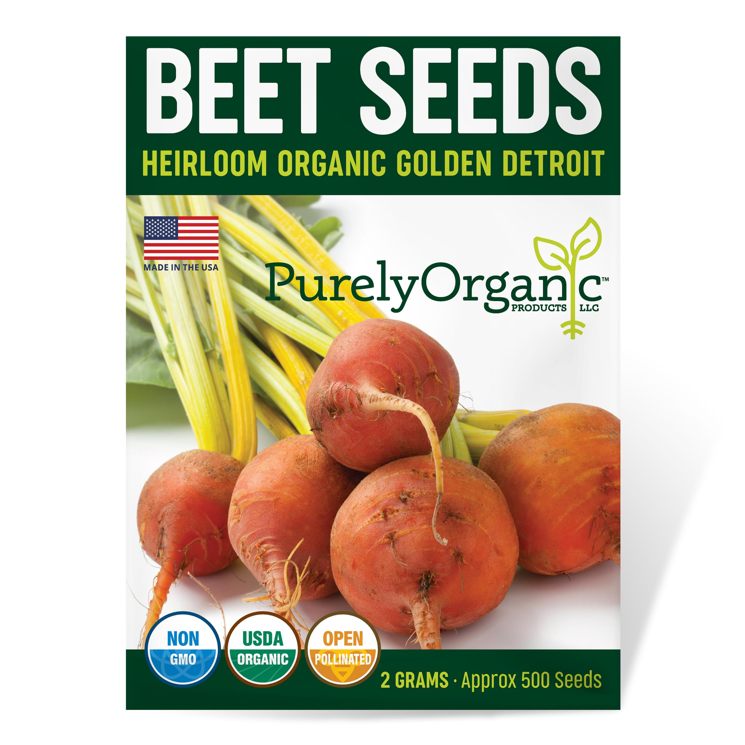 Purely Organic Golden Detroit Beet Seeds pack front, ideal for organic gardening beginners.